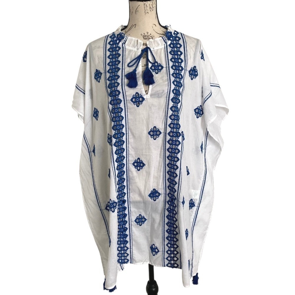 J. Crew Embroidered white blue tassel Tunic Cotton Kaftan dress size L Beach Nwt